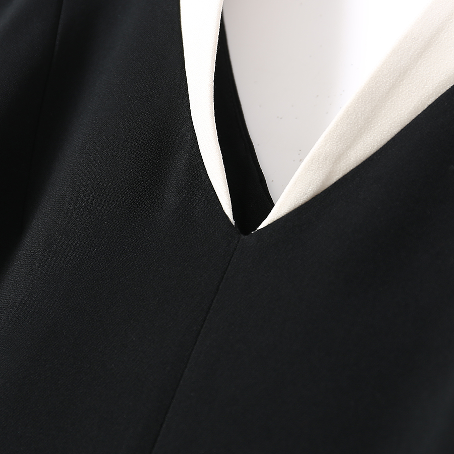 新款白边V领无袖黑色高端优雅连衣裙显瘦