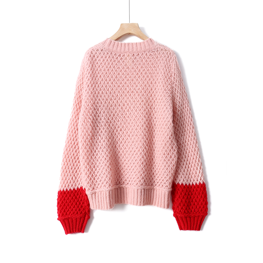 新款温暖风颜色拼接特色灯笼袖红色特色毛衣