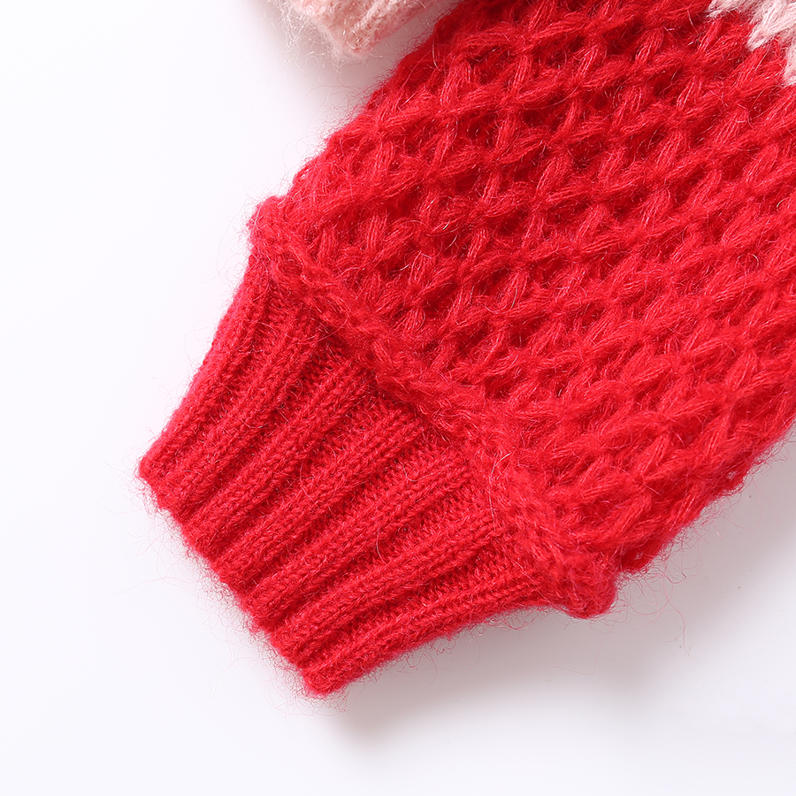 新款温暖风颜色拼接特色灯笼袖红色特色毛衣