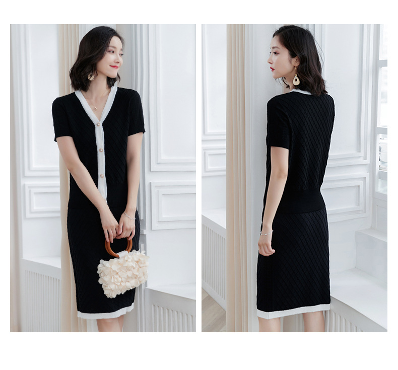 2019夏装新款法式复古裙两件套显瘦设计感小香风针织连衣裙套装女(49B8)