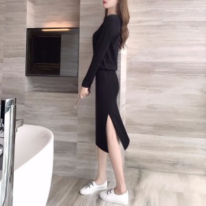 实拍2018新款韩版时尚修身显瘦中长针织裙气质连衣裙女过膝