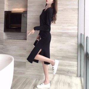 实拍2018新款韩版时尚修身显瘦中长针织裙气质连衣裙女过膝