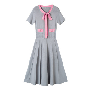 2019夏装新款冰丝短袖针织连衣裙女欧美气质修身显瘦系带连衣裙子(B516)