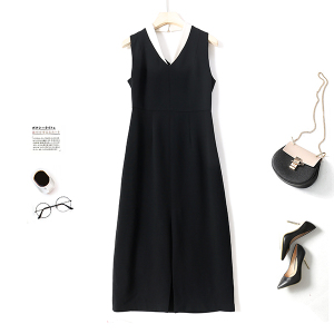 新款白边V领无袖黑色高端优雅连衣裙显瘦