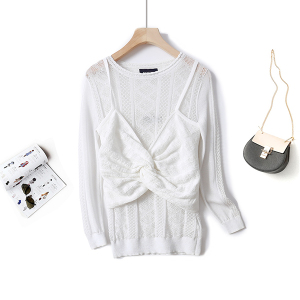 新款韩版白色镂空上衣吊带背心套装性感毛织