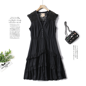 新款韩版V领无袖连衣裙黑色高级优雅拼蕾丝