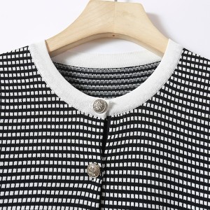 新款复古高端优雅黑白格子圆领短袖毛织衫
