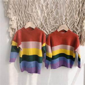 童装圆领长款针织慵懒风彩虹条纹中小童毛衣
