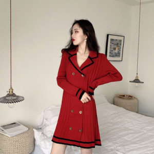 晖耀针织 2019新款女装新款法式复古山本少女法国小众针织红色连衣裙女