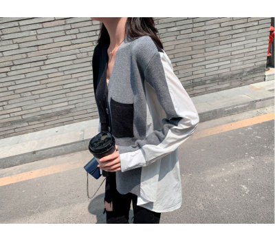 2019秋季新款襯衫女設計感小眾針織拼接慵懶風針織上衣